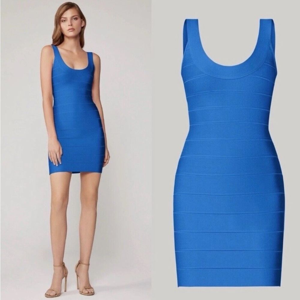 Herve Leger Blue Bodycon Mini Dress Scoop Neck Sleeveless